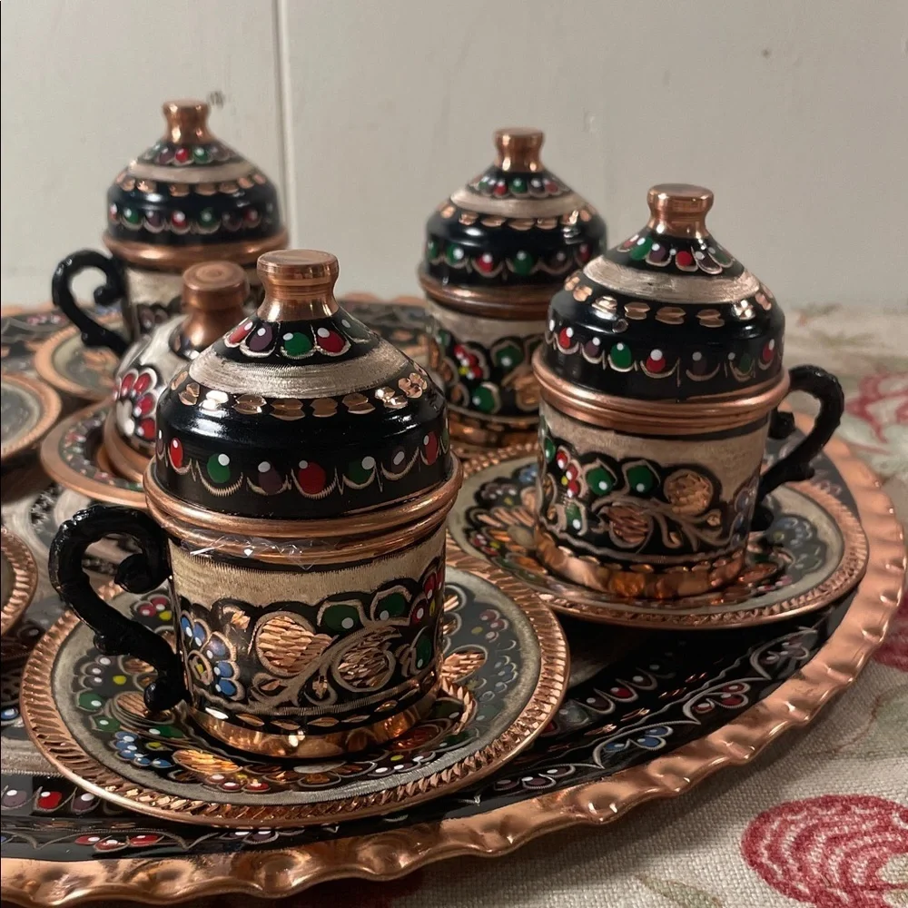 Handcrafted Copper Turkish Ceramic Coffee and Expresso Set with Tray